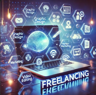 
"3D illustration of freelancing skills with a glowing laptop and floating icons for various professions."