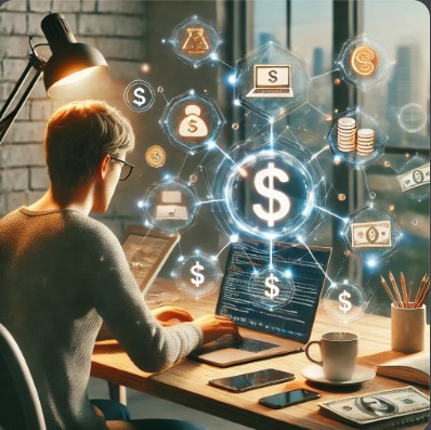 A man is trying to make money through freelancing with his laptop.
