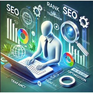 An SEO specialist working on SEO (Search Engine Optimization ) on his laptop.
