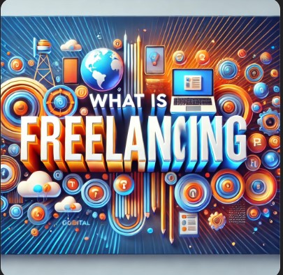 This is a image that mentions ''what freelancing is'' and provides various icons related to freelancing.